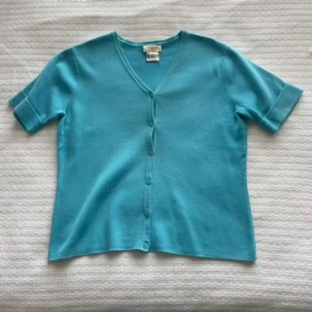 M Talbots Blue Short-Sleeve V-Neck Cardigan